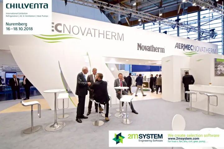 High tables and white bar stools at the Aermec Novatherm stand entrance at Chillventa 2018