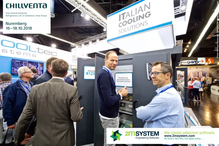 HiRef air-conditioning cabinet with screw compressor under Italian Cooling sign at Chillventa 2018
