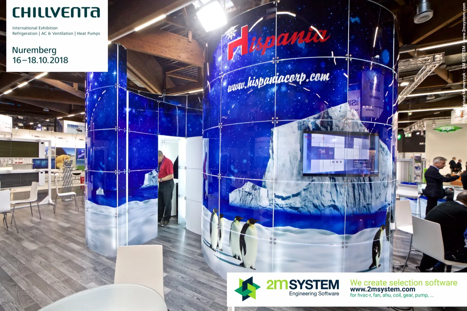 Hispania logo and website above a screen set into the iceberg graphic at Chillventa 2018