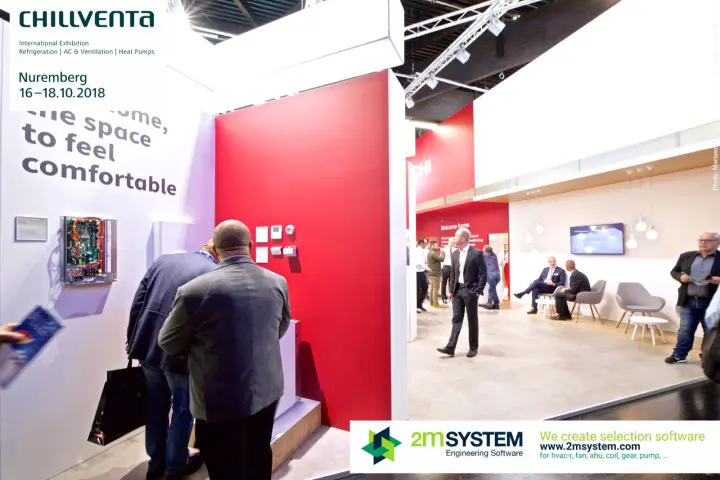 Hitachi controls display with open circuit board and room thermostats at Chillventa 2018