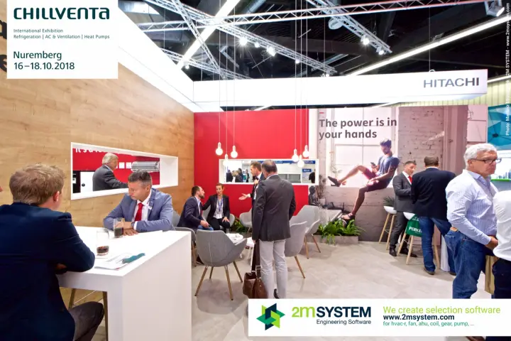 Hitachi meeting lounge with wood panelling and pendant lamps at Chillventa 2018