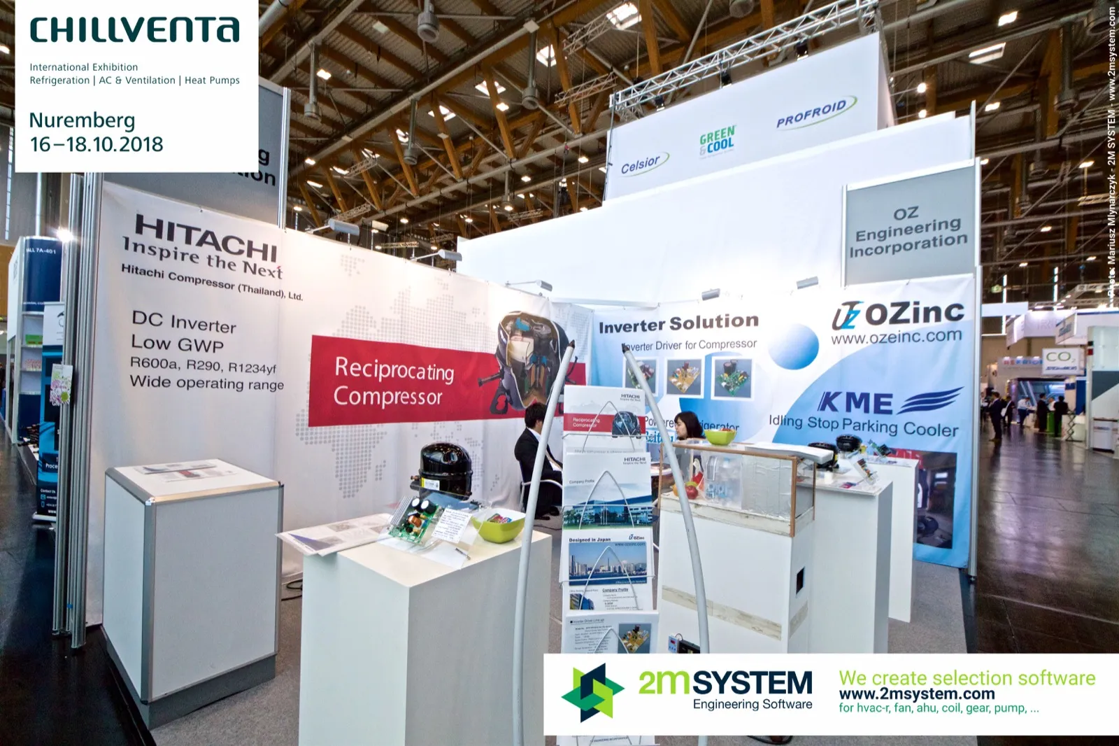 Hitachi reciprocating compressors beside OZinc inverter drivers and KME parking cooler at Chillventa 2018