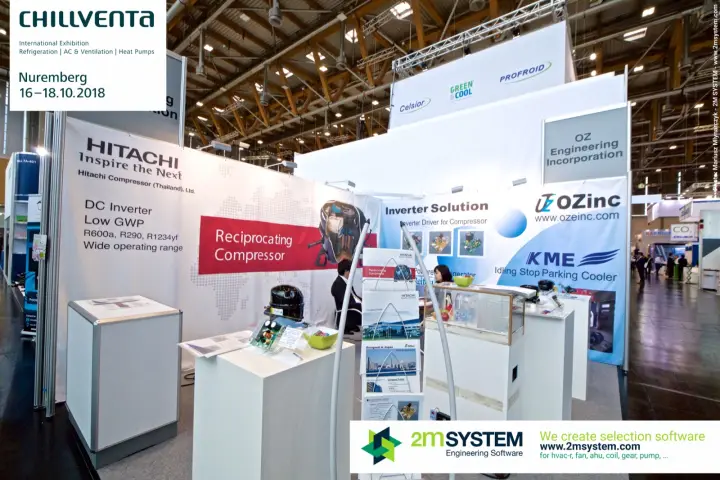 Hitachi reciprocating compressors beside OZinc inverter drivers and KME parking cooler at Chillventa 2018