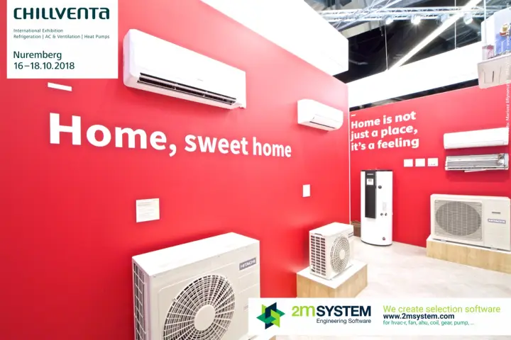 Hitachi split units on red walls under "Home, sweet home" at Chillventa 2018