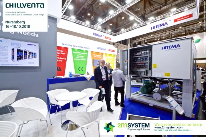 Hitema chiller with an open control cabinet beside colourful pennant graphics at Chillventa 2018