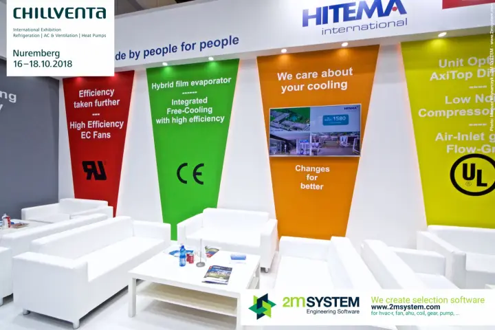 Hitema lounge with coloured panels on EC fans, free-cooling and UL listing at Chillventa 2018