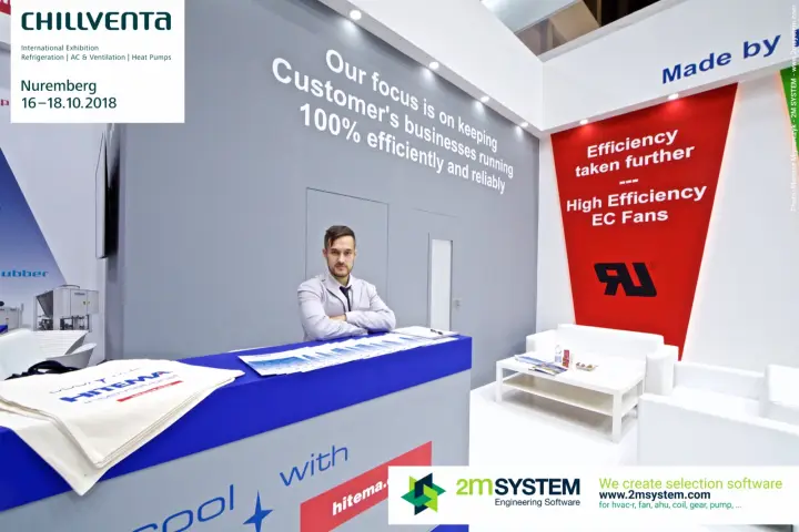 Hitema reception counter with branded tote bags and a lounge corner at Chillventa 2018