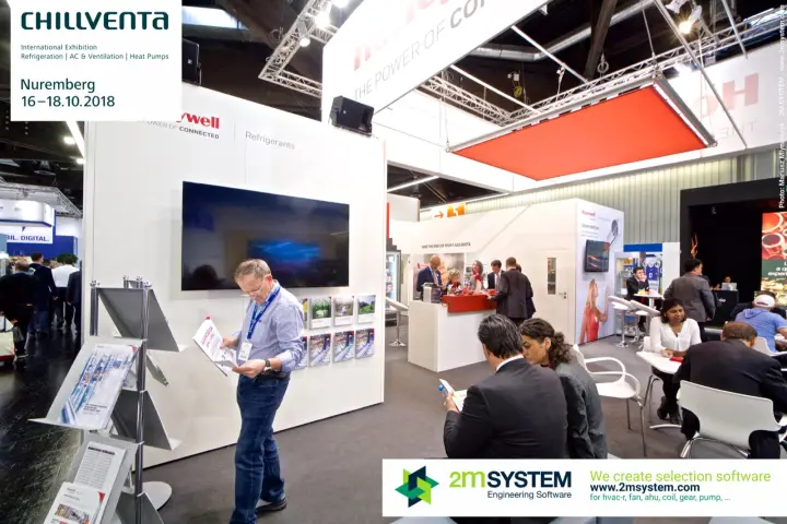Honeywell brochure rack and refrigerants wall with visitors reading at Chillventa 2018