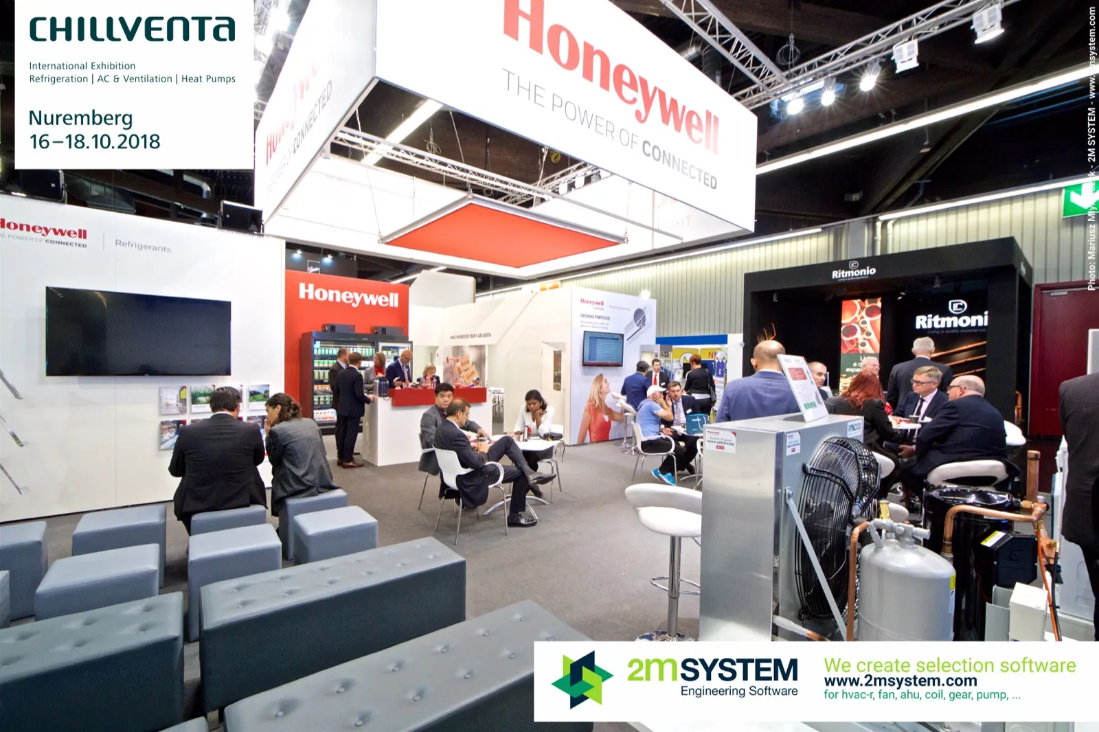 Honeywell refrigerants stand with suspended banner and seating cubes at Chillventa 2018