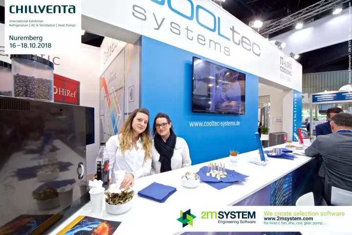 Hostesses at the Cooltec Systems counter with snacks and coffee machine at Chillventa 2018