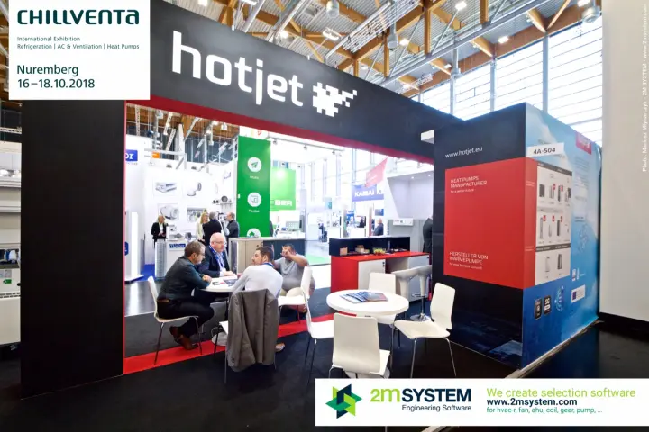 hotjet heat pump stand with black portal and meeting tables at Chillventa 2018