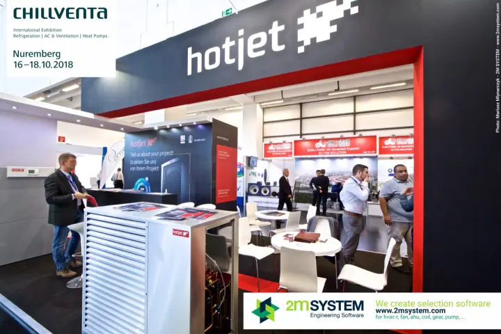 hotjet outdoor heat pump unit with open side panel at the stand entrance at Chillventa 2018