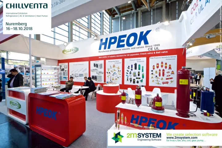 HPEOK stand with red CO2 pressure vessels, receivers and refrigeration valves at Chillventa 2018