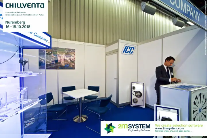 ICC stand interior with meeting table, factory photo and fan display boards