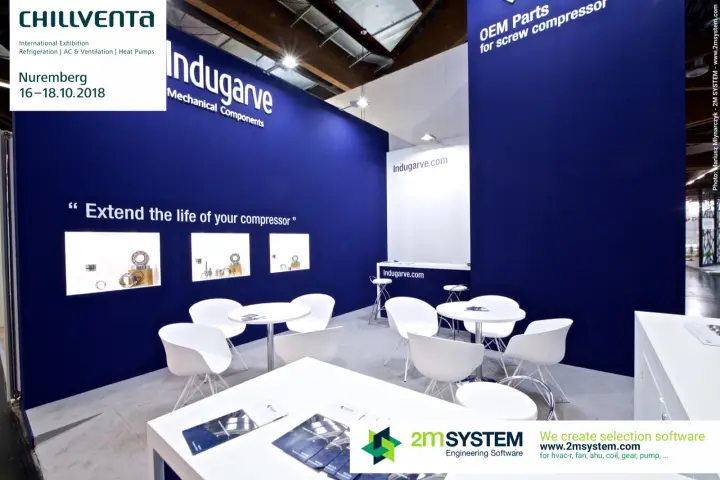 Indugarve stand with screw compressor parts in wall niches at Chillventa 2018