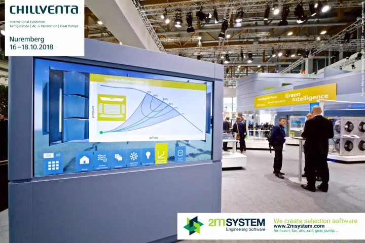 Interactive screen with a fan curve titled "Optimal efficiency range" at Chillventa 2018