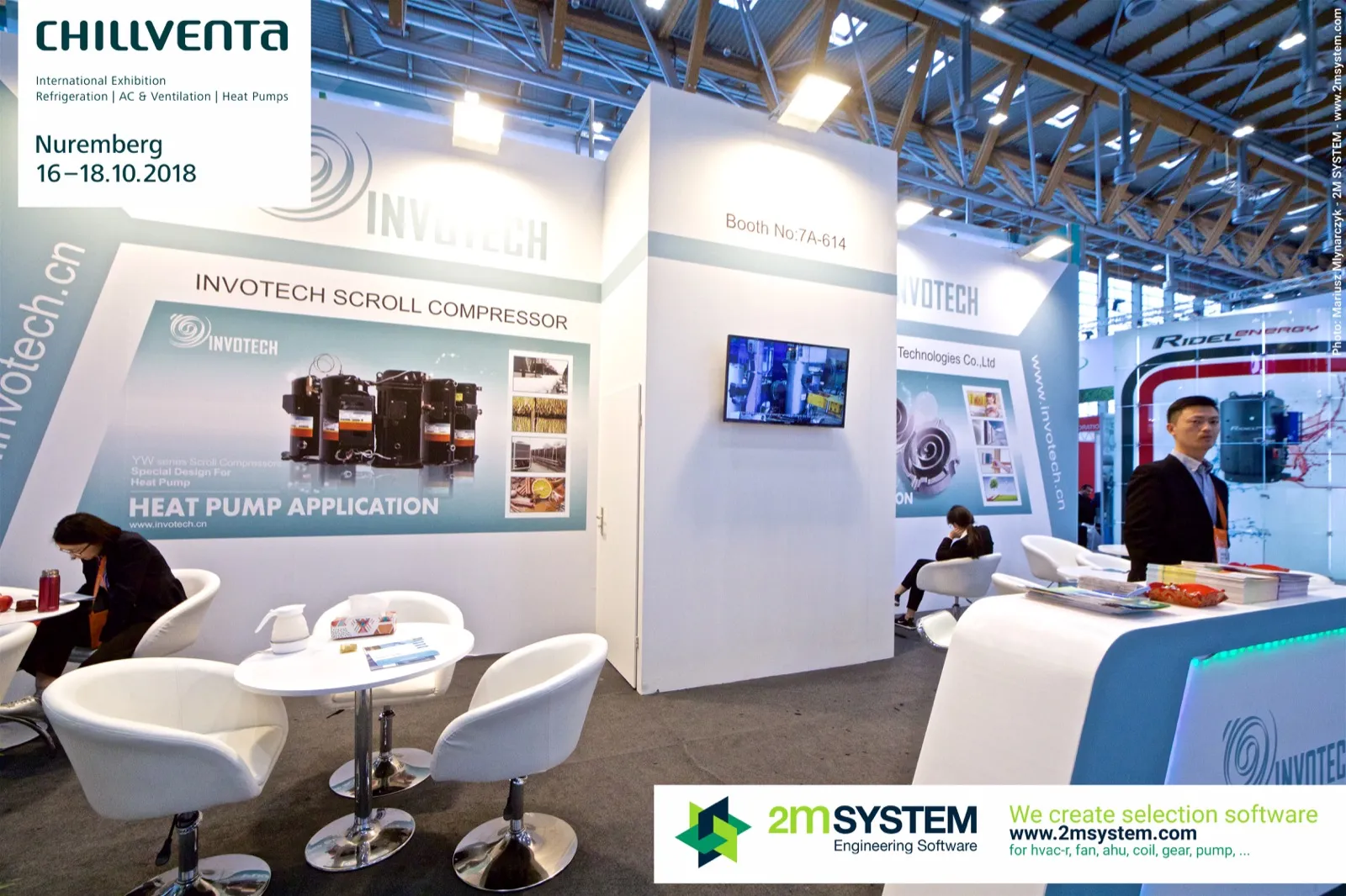 Invotech seating area with heat pump compressor graphic at Chillventa 2018