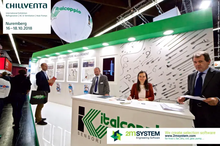 Italcoppie Sensori stand with green logo counter and branded balloon above