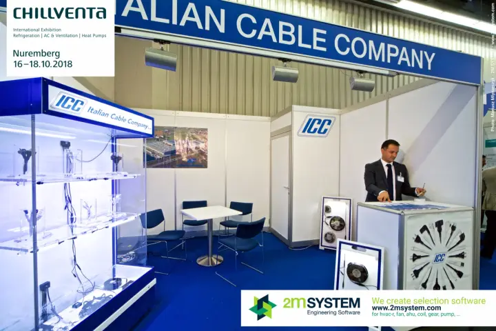 Italian Cable Company stand with lit cable display case and fan boards