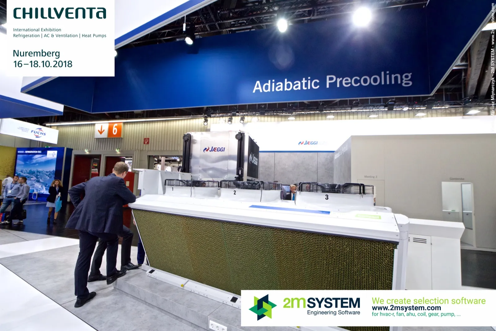 Jaeggi adiabatic cooler with precooling pads under the Adiabatic Precooling sign at Chillventa 2018