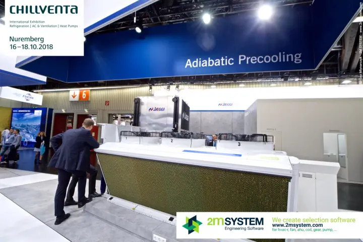 Jaeggi adiabatic cooler with precooling pads under the Adiabatic Precooling sign at Chillventa 2018