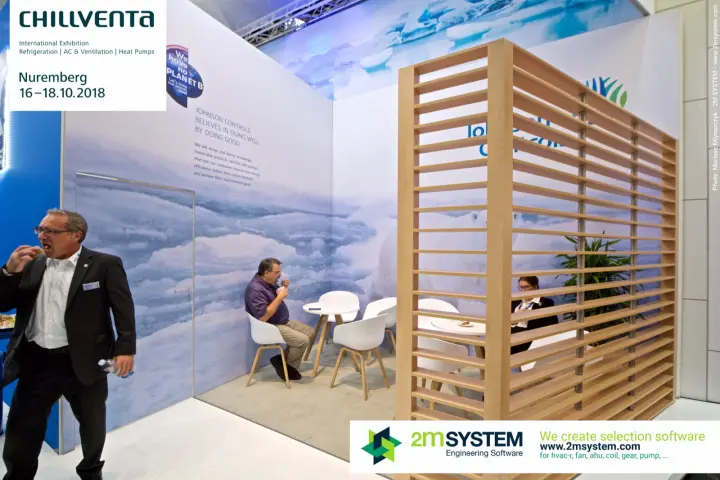 Johnson Controls meeting corner with Arctic graphics and wooden slat booth at Chillventa 2018