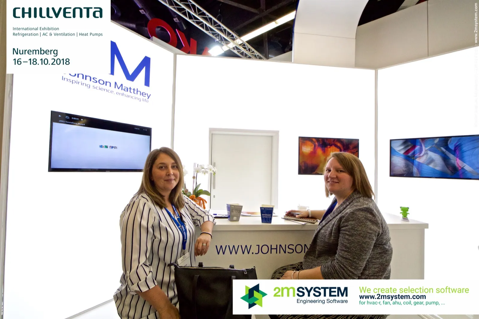 Johnson Matthey staff at the counter beneath the blue JM logo at Chillventa 2018