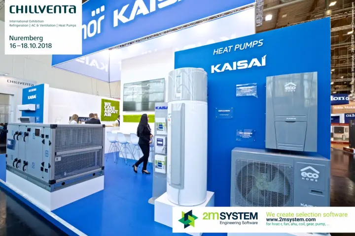 Kaisai heat pump wall with eco HOME units and hot water tank at Chillventa 2018