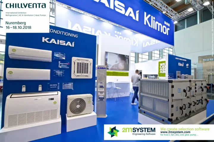 Kaisai split air conditioners on blue wall next to a Klimor AHU at Chillventa 2018