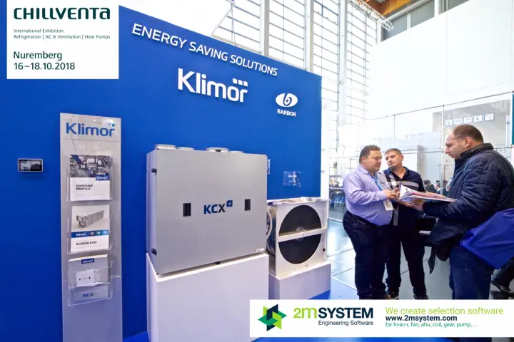 Klimor KCX+ heat recovery unit and rotary exchanger on blue wall at Chillventa 2018