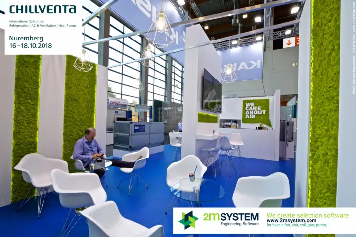 Klimor lounge with moss walls and "We care about air" bar at Chillventa 2018