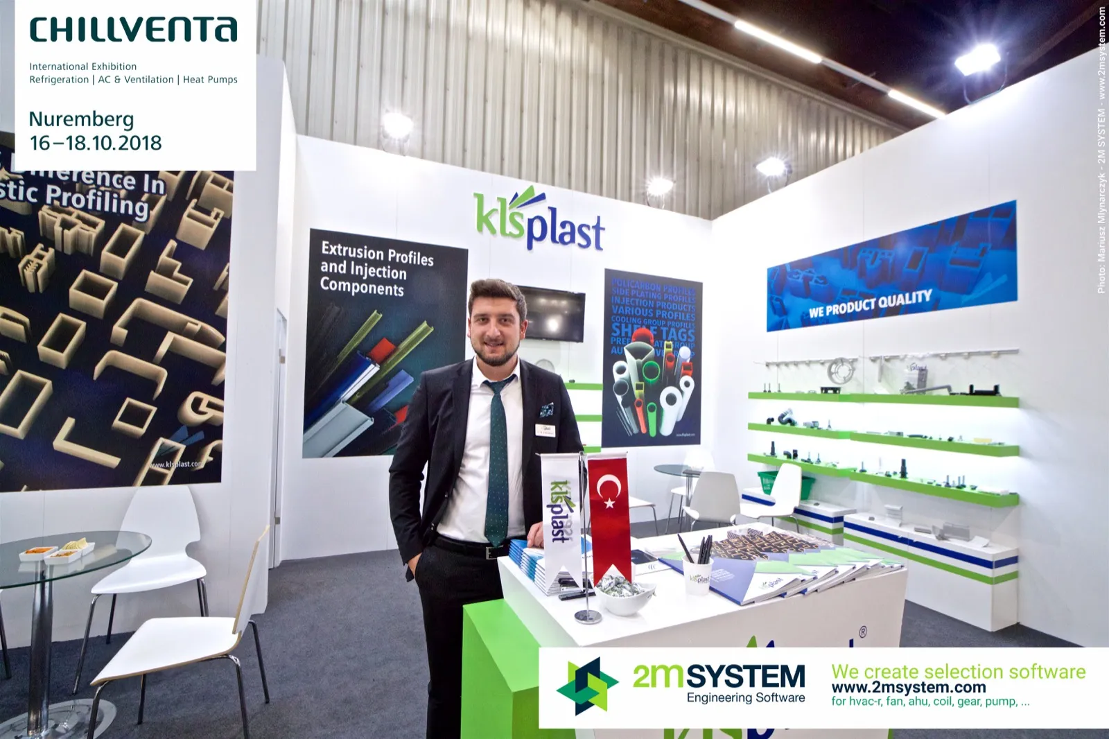 KLS Plast counter with Turkish flag and plastic profile samples at Chillventa 2018
