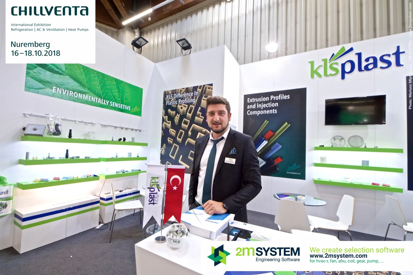 KLS Plast stand with the Environmentally Sensetive banner and sample shelves at Chillventa 2018