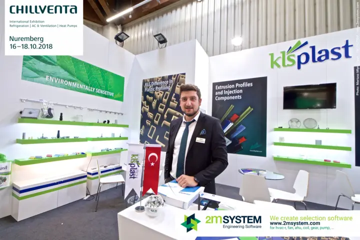 KLS Plast stand with the Environmentally Sensetive banner and sample shelves