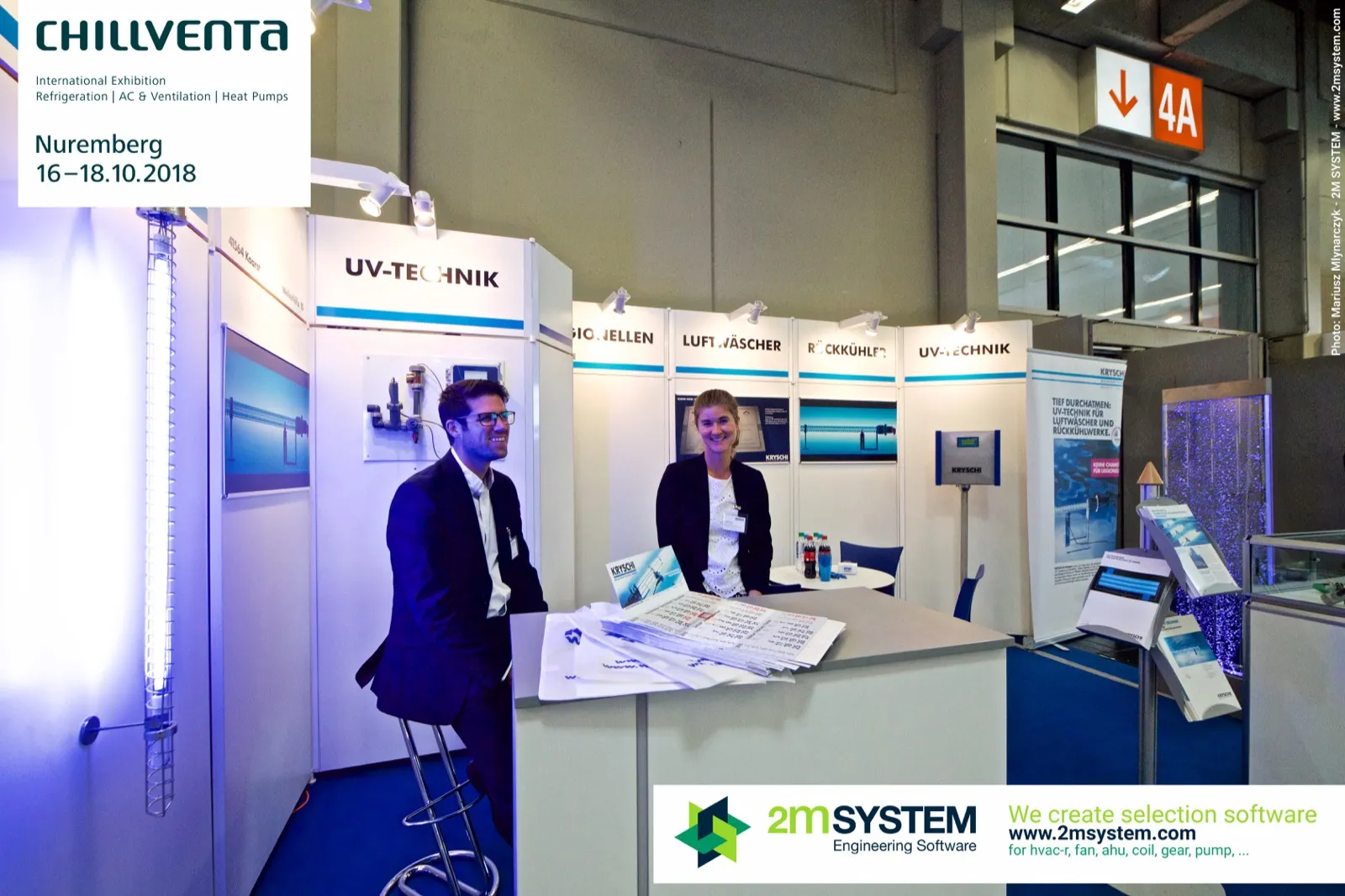 Kryschi counter with a glowing UV lamp and air washer banner at Chillventa 2018