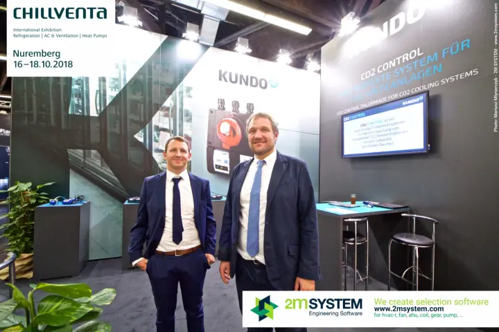 Kundo team in front of the CO2 Control wall and screen at Chillventa 2018