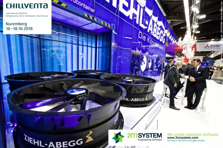 Large black Ziehl-Abegg axial fans in front of the container mock-up