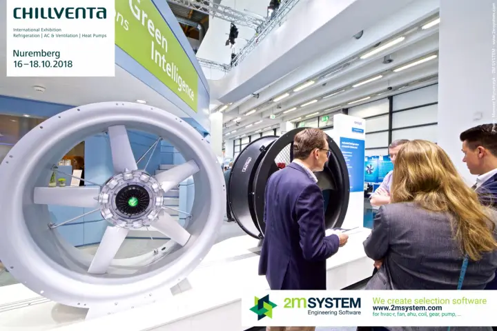 Large grey ebm-papst axial fan with visitors at the black AxiTop fans at Chillventa 2018