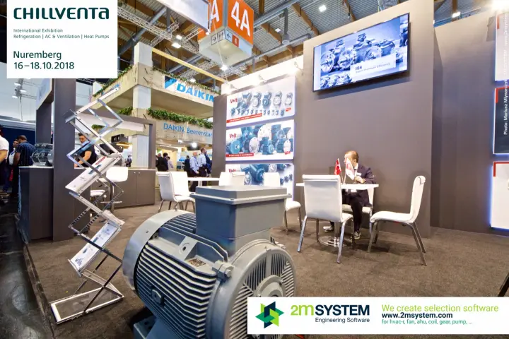 Large grey industrial motor in front of the Volt Electric Motors stand at Chillventa 2018
