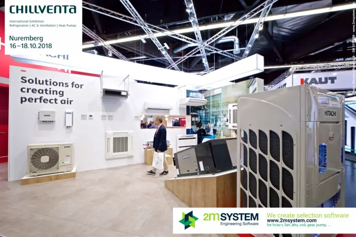Large Hitachi outdoor unit in front of the indoor unit display wall at Chillventa 2018