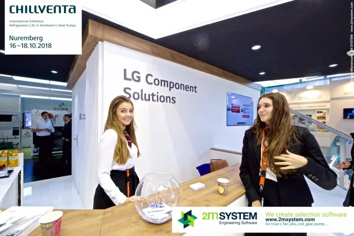 LG Component Solutions information desk with glass bowl for cards at Chillventa 2018