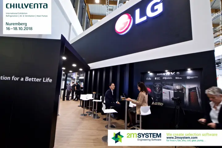 LG meeting area under an illuminated logo with a MULTI V 5 poster at Chillventa 2018