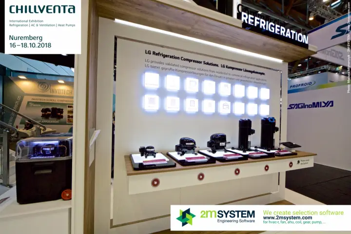 LG refrigeration compressor line-up under backlit application icons at Chillventa 2018