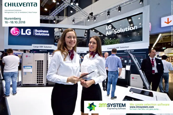 LG staff beside a Multi V 5 outdoor unit in the Large VRF Solution area at Chillventa 2018