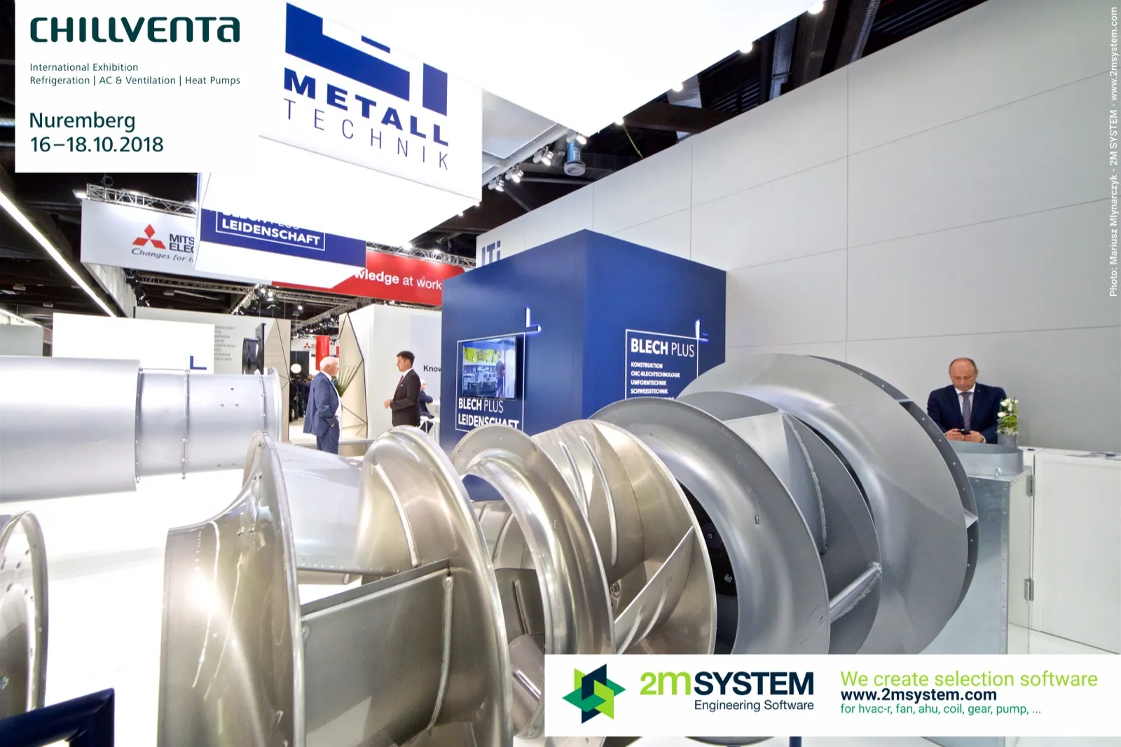 Low-angle close-up of silver centrifugal impellers at LTi Metalltechnik at Chillventa 2018