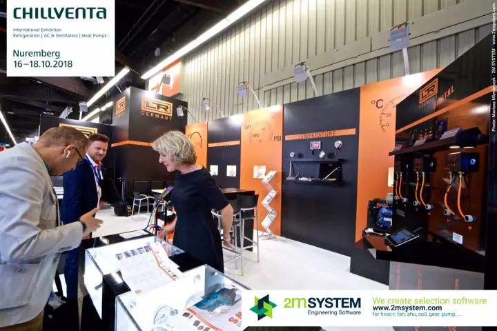 LR Germany digital manifold demo board with orange service hoses at Chillventa 2018