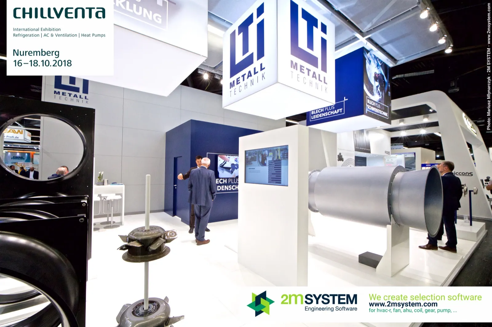 LTi Metalltechnik stand with axial fan casing and hanging logo cubes at Chillventa 2018