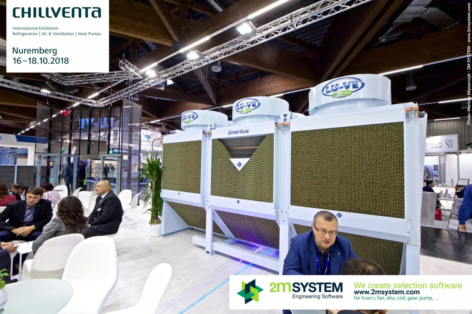 LU-VE Emeritus dry cooler with adiabatic pads beside the stand lounge at Chillventa 2018
