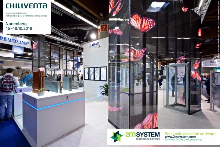 LU-VE transparent LED tower with butterflies beside coil displays at Chillventa 2018