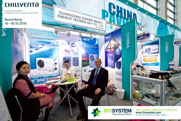 Mango Energy booth with swimming pool and EVI air-to-water heat pump posters
